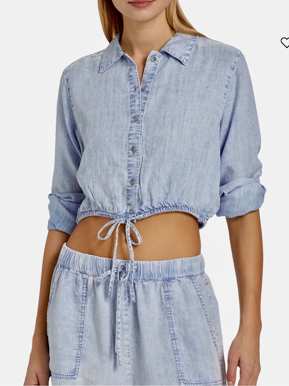 Splendid Dillon Denim Crop Light Blue Button-Front Blouse with Drawstring Size M